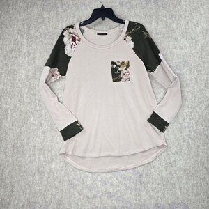 Floral & Solid Long Sleeve Top By Staccato - Womens L - Rayon/Polyester Blend